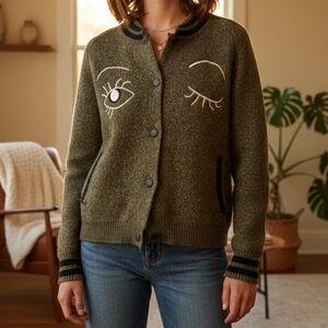 Retro Varsity "Winking Eye" Knit Cardigan | Olive Green M